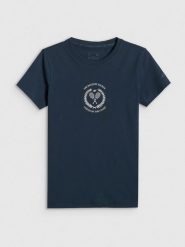 4F T-shirt slim z nadrukiem damski - granatowy XXL. Niebieskie t-shirty damskie 4F, uniwersalny, bez wzorów, z bawełny, bez kołnierzyka, bez ramiączek. Za 59.99 zł.