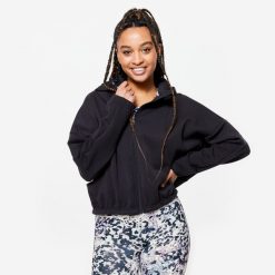 Bluza z kapturem damska Domyos fitness. Czarne bluzy damskie DOMYOS, l, bez wzorów, z bawełny, sportowe, bez ramiączek, z kapturem. Za 129.99 zł.