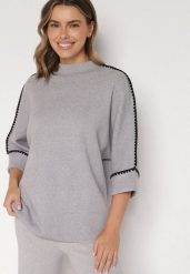 Szary Sweter z Kontrastową Lamówką Tuselle. Szare swetry nierozpinane damskie Born2be, bez wzorów, z jeansu, biznesowe, bez kołnierzyka, bez ramiączek. Za 109.99 zł.