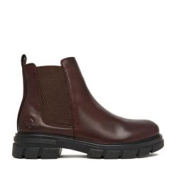 Botki Rieker. Brązowe botki damskie Rieker, bez wzorów, bez obcasa, na płaskiej podeszwie, bez zapięcia. Za 419.99 zł.