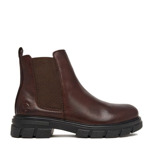 Botki Rieker. Brązowe botki damskie Rieker, bez wzorów, bez obcasa, na płaskiej podeszwie, bez zapięcia. Za 419.99 zł.