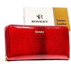 Lakierowany portfel w typie piórnika ze skóry naturalnej w czerwonym kolorze zamykany na suwak RH-25-1-RS Rovicky. Czerwone portfele damskie ROVICKY, z lakierowanej skóry. Za 99.99 zł.