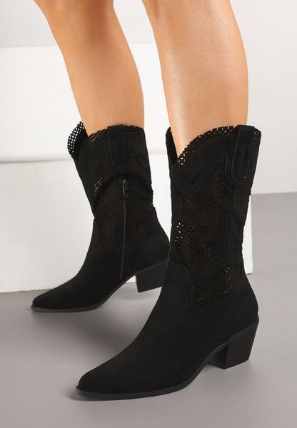 Czarne Botki Kowbojki na Słupku z Ażurową Cholewką Felmira. Czarne botki damskie Renee, w ażurowe wzory, z jeansu, eleganckie, bez obcasa, na obcasie, bez zapięcia. Za 159.99 zł.