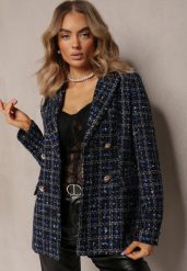 Czarno-Granatowa Tweedowa Marynarka Dwurzędowa Zapinana na Biżuteryjne Guziki Nallet. Czarne marynarki i żakiety damskie Renee, bez wzorów, eleganckie, bez kołnierzyka, bez ramiączek. Za 209.99 zł.