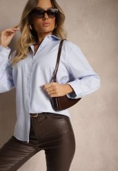 Niebieska Koszula Klasyczna w Delikatne Paseczki Arffia. Niebieskie koszule damskie Renee, m, bez wzorów, z jeansu, klasyczne, bez kołnierzyka, bez ramiączek. Za 59.99 zł.
