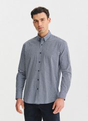 PAKO LORENTE – Granatowa koszula we wzór geometryczny. Koszule męskie Pako Lorente, l, bez wzorów, z bawełny, bez kołnierzyka, bez ramiączek. Za 299.99 zł.