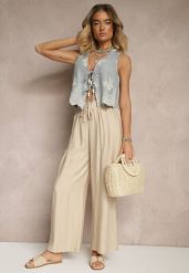 Beżowe Szerokie Spodnie High Waist z Wiskozy z Gumką w Talii Lannalie. Brązowe spodnie materiałowe damskie Renee, bez wzorów, z jeansu, eleganckie, z podwyższonym stanem. Za 49.99 zł.