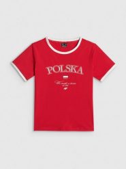 4F Koszulka kibica damska - czerwona XS. Czerwone koszulki sportowe damskie 4F, xs, bez wzorów, z bawełny, bez ramiączek. Za 59.99 zł.