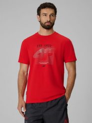 4F T-shirt regular z nadrukiem męski - czerwony XL. Czerwone koszulki sportowe męskie 4F, m, bez wzorów, z materiału, bez ramiączek, na fitness i siłownię. Za 69.99 zł.