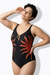 Damskie Strój kąpielowy słońca miękkie miseczki wycięcie łezka. Czarne stroje kąpielowe damskie Ulla Popken, plus size, bez wzorów, z elastanu. Za 191.99 zł.