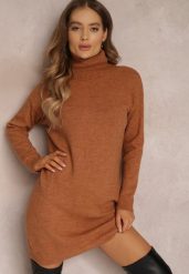 Brązowa Sukienka Milana. Brązowe sukienki damskie Renee, bez wzorów, z dzianiny, bez kołnierzyka, bez ramiączek, mini. Za 119.99 zł.
