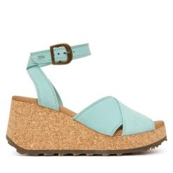 Sandały Fly London. Zielone sandały damskie Fly London, bez wzorów, bez obcasa, na koturnie, bez zapięcia. Za 578.99 zł.