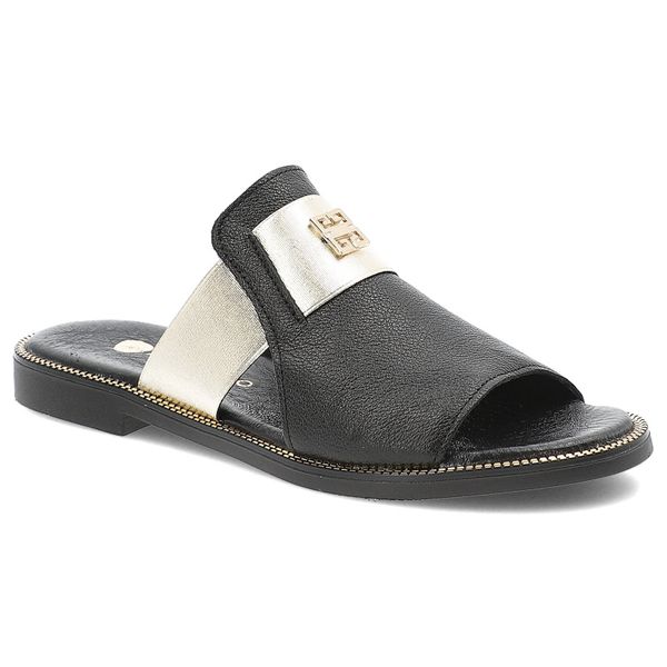 Czarne Klapki Armodo Eleganckie Obuwie Damskie. Czarne klapki damskie Armodo, na lato, bez wzorów, ze skóry, eleganckie, bez obcasa, na płaskiej podeszwie, bez zapięcia. Za 229.00 zł.