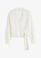 Sweter kopertowy z ozdobnym elementem. Białe swetry nierozpinane damskie bonprix, bez wzorów, eleganckie, bez kołnierzyka, bez ramiączek. Za 149.99 zł.
