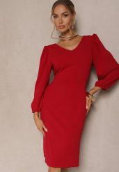 Bordowa Sukienka o Dopasowanym Kroju z Lekko Bufiastymi Rękawami Zinnashira. Czerwone sukienki damskie Renee, na wiosnę, l, z aplikacjami, eleganckie, bez kołnierzyka, bez ramiączek, midi, dopasowane. Za 74.99 zł.