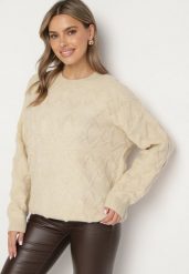 Beżowy Sweter o Luźnym Kroju i Wzorzystym Splocie ze Ściągaczami Elondrae. Brązowe swetry nierozpinane damskie Born2be, uniwersalny, bez wzorów, z bawełny, eleganckie, bez kołnierzyka, bez ramiączek. Za 149.99 zł.