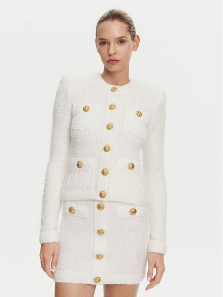 Balmain Kardigan DF1SK249KH10 Biały Regular Fit. Białe kardigany damskie Balmain, bez wzorów, z syntetyku, bez kołnierzyka. Za 9,699.00 zł.