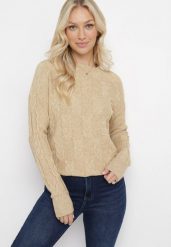 Beżowy Sweter o Warkoczowym Splocie z Okrągłym Dekoltem Selinera. Brązowe swetry nierozpinane damskie Born2be, bez wzorów, z dzianiny, klasyczne, bez kołnierzyka, bez ramiączek. Za 89.99 zł.