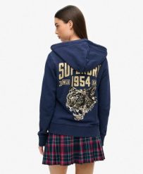 Superdry Embellish Archive Ziphood rozpinana bluza damska bawełniana. Niebieskie bluzy damskie Superdry, bez wzorów, z bawełny, bez ramiączek, bez kaptura. Za 364.45 zł.