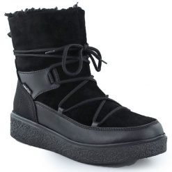 Skórzane botki damskie na platformie czarne Rieker Y0051-00. Czarne botki damskie Rieker, bez wzorów, ze skóry, bez obcasa, na platformie, bez zapięcia. Za 272.35 zł.