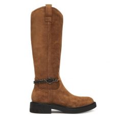 Kozaki Guess. Brązowe kozaki damskie Guess, z aplikacjami, bez obcasa, na płaskiej podeszwie, bez zapięcia. Za 809.99 zł.
