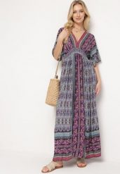 Fioletowa Boho Sukienka z Szerokimi Rękawami z Gumką w Pasie i Wiązaniem na Plecach Piomina. Fioletowe sukienki damskie Born2be, l, z aplikacjami, boho, bez kołnierzyka, bez ramiączek, maxi. Za 79.99 zł.