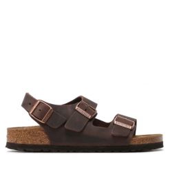 Sandały damskie brązowe Birkenstock Milano LE. Brązowe sandały damskie Birkenstock, bez wzorów, bez obcasa, bez zapięcia. Za 449.99 zł.
