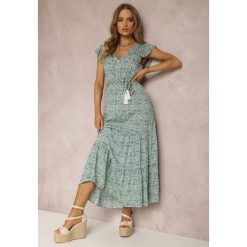 Biało-Zielona Sukienka z Paskiem Eunele. Zielone sukienki damskie Renee, l, bez wzorów, z tkaniny, bez kołnierzyka, bez ramiączek, maxi, rozkloszowane. Za 49.99 zł.