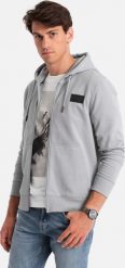 Ombre Męska rozpinana bluza dresowa z kapturem i naszywką szara V1 OM-SSZP-0140 XXL. Szare bluzy męskie Ombre, m, z aplikacjami, z dresówki, z kapturem. Za 199.99 zł.