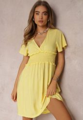 Żółta Sukienka z Wiskozy Rukhsar. Żółte sukienki damskie Renee, l, bez wzorów, z wiskozy, bez kołnierzyka, bez ramiączek, mini, rozkloszowane. Za 54.99 zł.