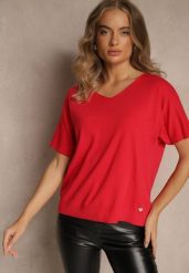 Czerwona Bluzka z Dzianiny z Dekoltem w Serek Fenalise. Czerwone bluzki damskie Renee, l, z aplikacjami, z dzianiny, bez kołnierzyka, bez ramiączek. Za 49.99 zł.