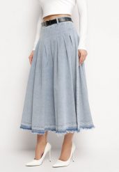 Jasnoniebieska Spódnica Jeansowa Rozkloszowana z Paskiem z Ekoskóry Nalier. Niebieskie spódnice damskie Born2be, na co dzień, l, bez wzorów, z jeansu, eleganckie, maxi, koszulowe. Za 179.99 zł.