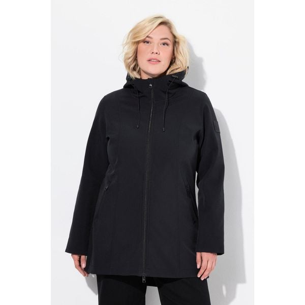 Damskie Długa kurtka softshell HYPRAR hydrofobowa trapezowy krój. Czarne kurtki sportowe damskie Ulla Popken, plus size, bez wzorów, z elastanu, bez ramiączek, bez kaptura, trekkingowe. Za 479.99 zł.