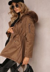 Brązowa Kurtka Parka z Kapturem i Ozdobnym Futerkiem Dioneta. Brązowe kurtki damskie Renee, na zimę, l, bez wzorów, z materiału, z kapturem. Za 209.99 zł.