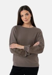 Brązowa bluza B-SEPIA. Brązowe bluzy damskie Volcano, m, z aplikacjami, z bawełny, klasyczne, bez ramiączek, bez kaptura. Za 159.99 zł.