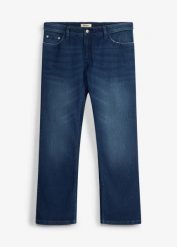 Jeansy regular fit z elastycznym pasem, o kroju bootcut. Niebieskie jeansy męskie bonprix, z jeansu. Za 149.99 zł.