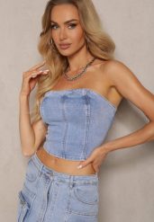 Niebieski Top Gorsetowy Jeansowy Efisee. Niebieskie topy damskie Renee, l, bez wzorów, z jeansu, bez kołnierzyka, bez ramiączek. Za 54.99 zł.