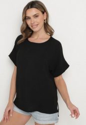 Czarna Bluzka o Kroju Nietoperza Faderia. Czarne bluzki damskie Born2be, l, bez wzorów, bez kołnierzyka, bez ramiączek. Za 34.99 zł.