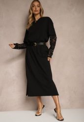 Czarna Sukienka z Bawełny o Kroju Typu T-shirt z Koronką i Rozcięciami Tanisla. Czarne sukienki damskie Renee, na co dzień, bez wzorów, z bawełny, eleganckie, bez kołnierzyka, bez ramiączek, midi, proste. Za 59.99 zł.