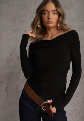 Czarna Marszczona Bluzka z Bawełną i Dekoltem w Łódkę Orinlia. Czarne bluzki damskie Renee, l, bez wzorów, z bawełny, eleganckie, bez kołnierzyka, bez ramiączek. Za 99.99 zł.