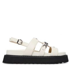 Sandały PINKO. Białe sandały damskie Pinko, bez wzorów, bez obcasa, na płaskiej podeszwie, bez zapięcia. Za 1,222.99 zł.