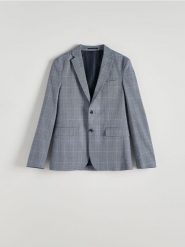 Marynarka slim fit z domieszką lnu - granatowy. Niebieskie garnitury męskie Reserved, bez wzorów, z tkaniny. W wyprzedaży za 229.99 zł.