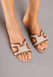 Brązowe Klapki Ozdobione Geometrycznym Wzorem Alisona. Brązowe klapki damskie Renee, na lato, bez wzorów, eleganckie, z otwartym noskiem, bez obcasa, na płaskiej podeszwie, bez zapięcia. W wyprzedaży za 82.49 zł.