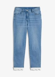 Jeansy skinny, mid waist. Niebieskie jeansy damskie bonprix, na lato, bez wzorów, z jeansu. Za 169.99 zł.