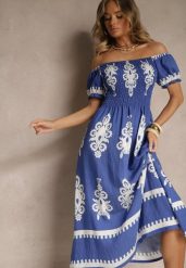 Niebieska Sukienka Hiszpanka Ozdobiona Etnicznym Printem Aralette. Niebieskie sukienki damskie Renee, na co dzień, l, bez wzorów, eleganckie, bez kołnierzyka, bez ramiączek, rozkloszowane. Za 59.99 zł.