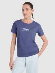 4F T-shirt regular z nadrukiem damski - granatowy S. Niebieskie t-shirty damskie 4F, s, bez wzorów, z bawełny, bez kołnierzyka, bez ramiączek. Za 59.99 zł.