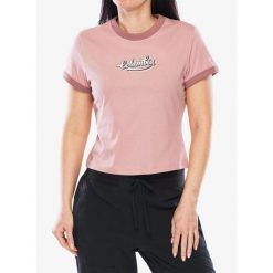 Koszulka bawełniana damska Columbia Rolling Bend Graphic Ringer Tee. Czerwone koszulki sportowe damskie Columbia, bez wzorów, z bawełny, bez ramiączek. Za 74.99 zł.