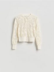 Ażurowy kardigan - złamana biel. Kardigany damskie Reserved, l, w ażurowe wzory, z bawełny, klasyczne, bez kołnierzyka. Za 99.99 zł.