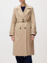 Bawełniany trencz z paskiem - beżowy. Brązowe płaszcze damskie Reserved, l, bez wzorów, z bawełny, klasyczne, bez kołnierzyka, bez kaptura. Za 279.99 zł.