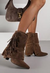 Brązowe Botki Boho z Cholewką Imitującą Nogawkę i Frędzlami Zaslie. Brązowe botki damskie Renee, bez wzorów, z jeansu, boho, bez obcasa, na obcasie, bez zapięcia. Za 99.99 zł.